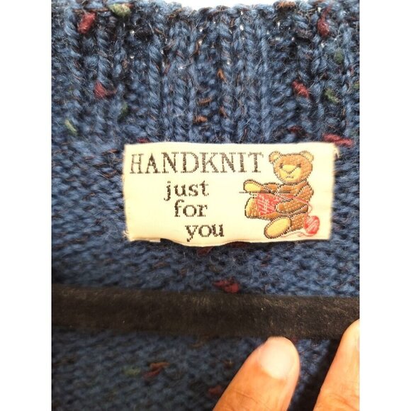 Handmade Blue Wool Button-Up Cardigan Sweater With Ribbed Hem & Cuffs - Picture 10 of 11